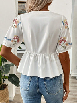 Cardigan de camisa de manga corta con cuello en V estampado y lazo para mujer en verano