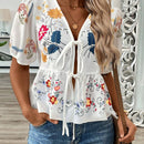 Cardigan de camisa de manga corta con cuello en V estampado y lazo para mujer en verano