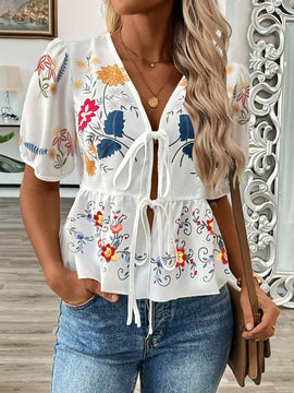 Cardigan de camisa de manga corta con cuello en V estampado y lazo para mujer en verano