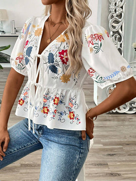 Cardigan de camisa de manga corta con cuello en V estampado y lazo para mujer en verano