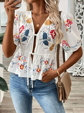 Cardigan de camisa de manga corta con cuello en V estampado y lazo para mujer en verano