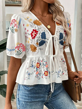 Cardigan de camisa de manga corta con cuello en V estampado y lazo para mujer en verano