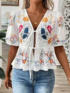 Cardigan de camisa de manga corta con cuello en V estampado y lazo para mujer en verano