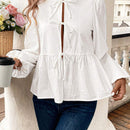 Clasi Camisa casual de mujer con orilla de volantes y unicolor, con cierre de lazo de lino para primavera/verano