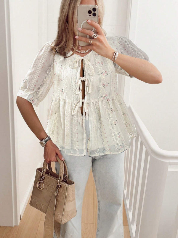 Frenchy Camisa de mujer con estampado floral y lazo delantero