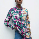 Camisa larga de manga larga con botones con estampado total y parches, estilo informal de vacaciones para mujer