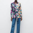 Camisa larga de manga larga con botones con estampado total y parches, estilo informal de vacaciones para mujer