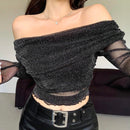 DAZY Parte superior de malla ajustada y sexy para mujer, longitud corta, expone la clavicula, brillo unico, estilo off-shoulder
