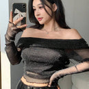DAZY Parte superior de malla ajustada y sexy para mujer, longitud corta, expone la clavicula, brillo unico, estilo off-shoulder