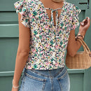 Blusa con cuello en V, mangas volantes y estampado floral y de olas para mujer, estilo Frenchies y Old Money, ropa de maestra, casual