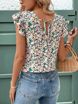 Blusa con cuello en V, mangas volantes y estampado floral y de olas para mujer, estilo Frenchies y Old Money, ropa de maestra, casual