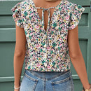 Blusa con cuello en V, mangas volantes y estampado floral y de olas para mujer, estilo Frenchies y Old Money, ropa de maestra, casual