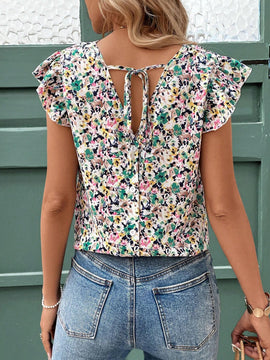Blusa con cuello en V, mangas volantes y estampado floral y de olas para mujer, estilo Frenchies y Old Money, ropa de maestra, casual