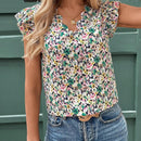 Blusa con cuello en V, mangas volantes y estampado floral y de olas para mujer, estilo Frenchies y Old Money, ropa de maestra, casual