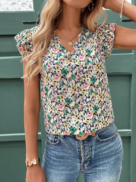 Blusa con cuello en V, mangas volantes y estampado floral y de olas para mujer, estilo Frenchies y Old Money, ropa de maestra, casual