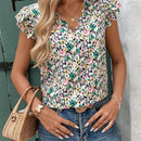 Blusa con cuello en V, mangas volantes y estampado floral y de olas para mujer, estilo Frenchies y Old Money, ropa de maestra, casual