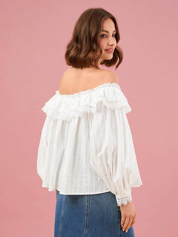 Enchnt Blusa con mangas de linterna y detalle de encaje en los hombros descubiertos