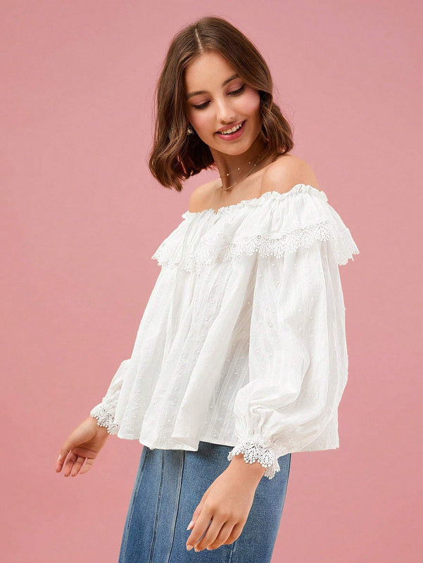 Enchnt Blusa con mangas de linterna y detalle de encaje en los hombros descubiertos
