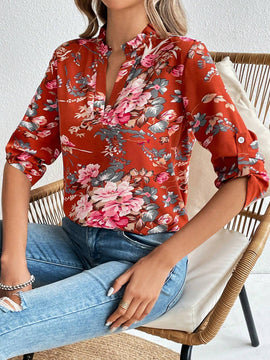 Camisa de manga corta con estampado floral sencilla para uso diario para mujeres