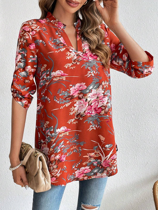 Camisa de manga corta con estampado floral sencilla para uso diario para mujeres