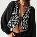 Camisa de manga larga informal, holgada, con bordado, en blanco y negro para mujeres, ideal para vacaciones