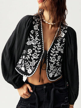 Camisa de manga larga informal, holgada, con bordado, en blanco y negro para mujeres, ideal para vacaciones