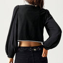 Camisa de manga larga informal, holgada, con bordado, en blanco y negro para mujeres, ideal para vacaciones