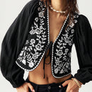 Camisa de manga larga informal, holgada, con bordado, en blanco y negro para mujeres, ideal para vacaciones
