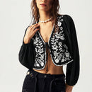 Camisa de manga larga informal, holgada, con bordado, en blanco y negro para mujeres, ideal para vacaciones