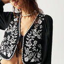 Camisa de manga larga informal, holgada, con bordado, en blanco y negro para mujeres, ideal para vacaciones