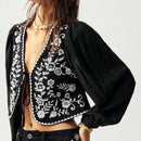 Camisa de manga larga informal, holgada, con bordado, en blanco y negro para mujeres, ideal para vacaciones