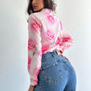 Camisa de estilo vacacional con estampado floral, mangas de farol recogidas, perfecta para citas, vacaciones y reuniones con la hermana