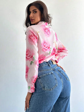 Camisa de estilo vacacional con estampado floral, mangas de farol recogidas, perfecta para citas, vacaciones y reuniones con la hermana