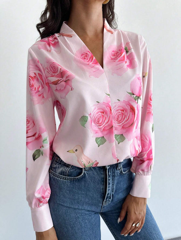 Camisa de estilo vacacional con estampado floral, mangas de farol recogidas, perfecta para citas, vacaciones y reuniones con la hermana