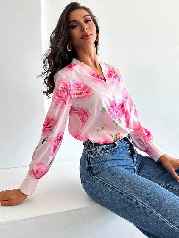 Camisa de estilo vacacional con estampado floral, mangas de farol recogidas, perfecta para citas, vacaciones y reuniones con la hermana