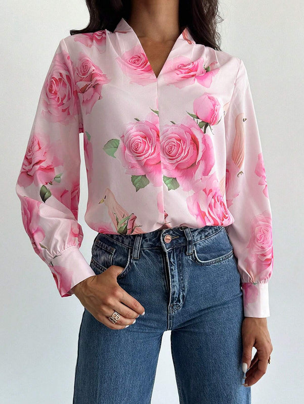 Camisa de estilo vacacional con estampado floral, mangas de farol recogidas, perfecta para citas, vacaciones y reuniones con la hermana