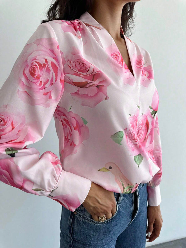 Camisa de estilo vacacional con estampado floral, mangas de farol recogidas, perfecta para citas, vacaciones y reuniones con la hermana