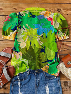 Blusa casual holgada con mangas abullonadas y estampado floral para mujer, ideal para vacaciones