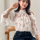 FRIFUL Blusa floral Jacquard con hombreras descubiertas, ribete de volantes y mangas con volantes