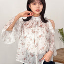 FRIFUL Blusa floral Jacquard con hombreras descubiertas, ribete de volantes y mangas con volantes