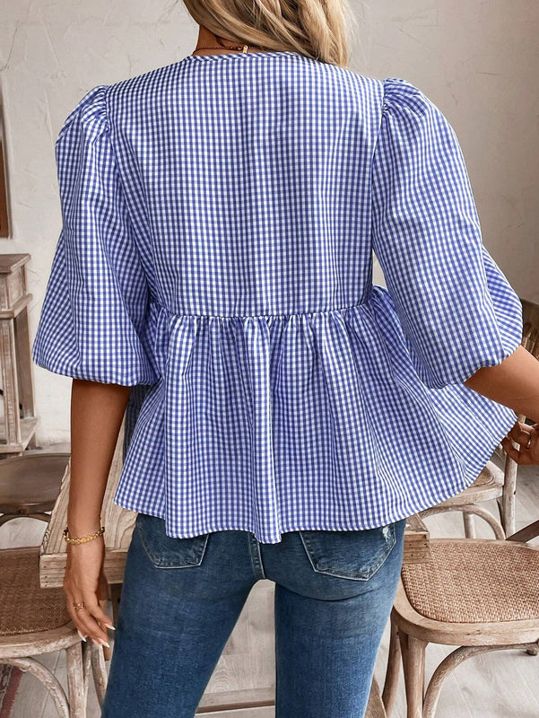 Frenchy Blusa holgada con mangas abullonadas y estampado a cuadros con lazo delantero para mujer de verano