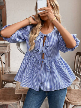Frenchy Blusa holgada con mangas abullonadas y estampado a cuadros con lazo delantero para mujer de verano