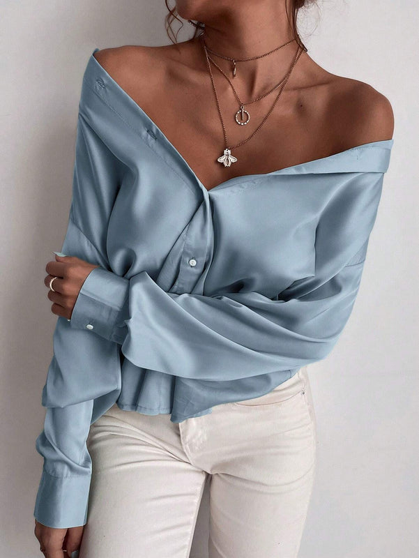 Blusa de manga larga sencilla y casual de unicolor para mujer