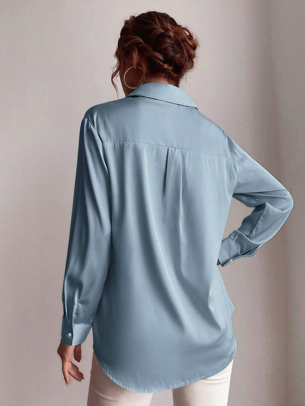 Blusa de manga larga sencilla y casual de unicolor para mujer