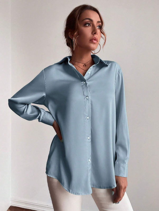 Blusa de manga larga sencilla y casual de unicolor para mujer