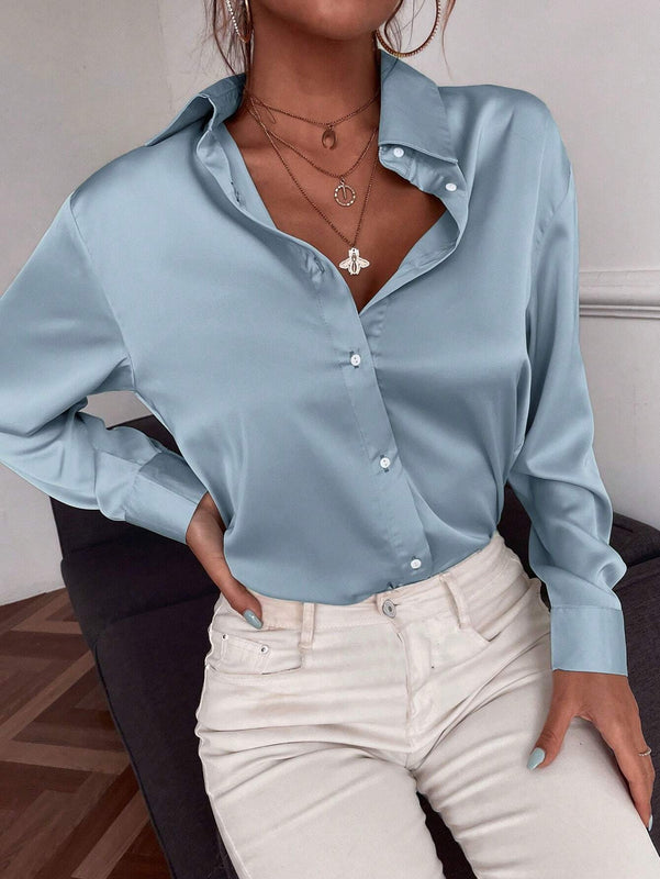 Blusa de manga larga sencilla y casual de unicolor para mujer