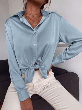 Blusa de manga larga sencilla y casual de unicolor para mujer