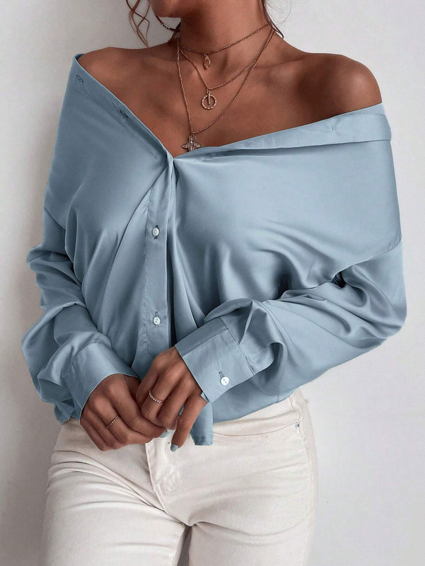 Blusa de manga larga sencilla y casual de unicolor para mujer