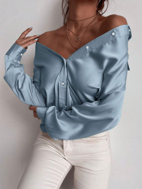 Blusa de manga larga sencilla y casual de unicolor para mujer