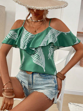 Blusa casual de mujer con estampado y hombros descubiertos